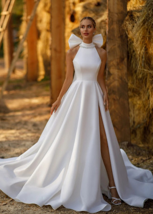 High Neck Ivory Satin Slit Sexy Wedding Dress
